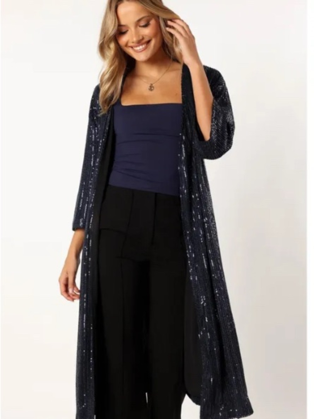 Petal and Pup Womens Karsyn Open Front Sequin Duster - Navy